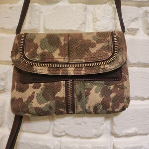 B Makowsky Leather Brown Camo Crossbody Convertible Clutch with Zipper Detail